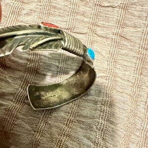 Silver Feather Bracelet with Turquoise and Coral Accents